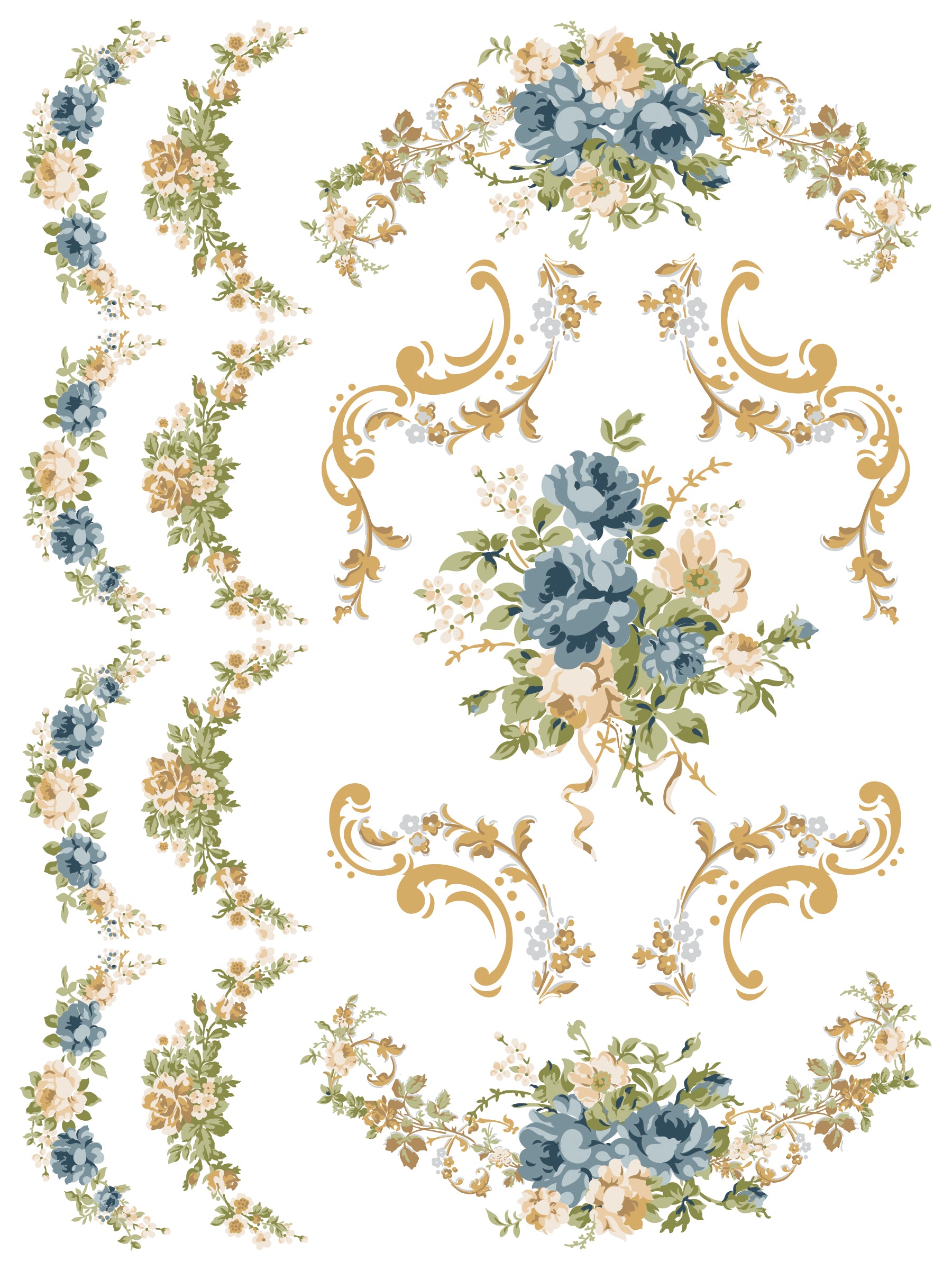 Decorative floral and scroll design on a white background