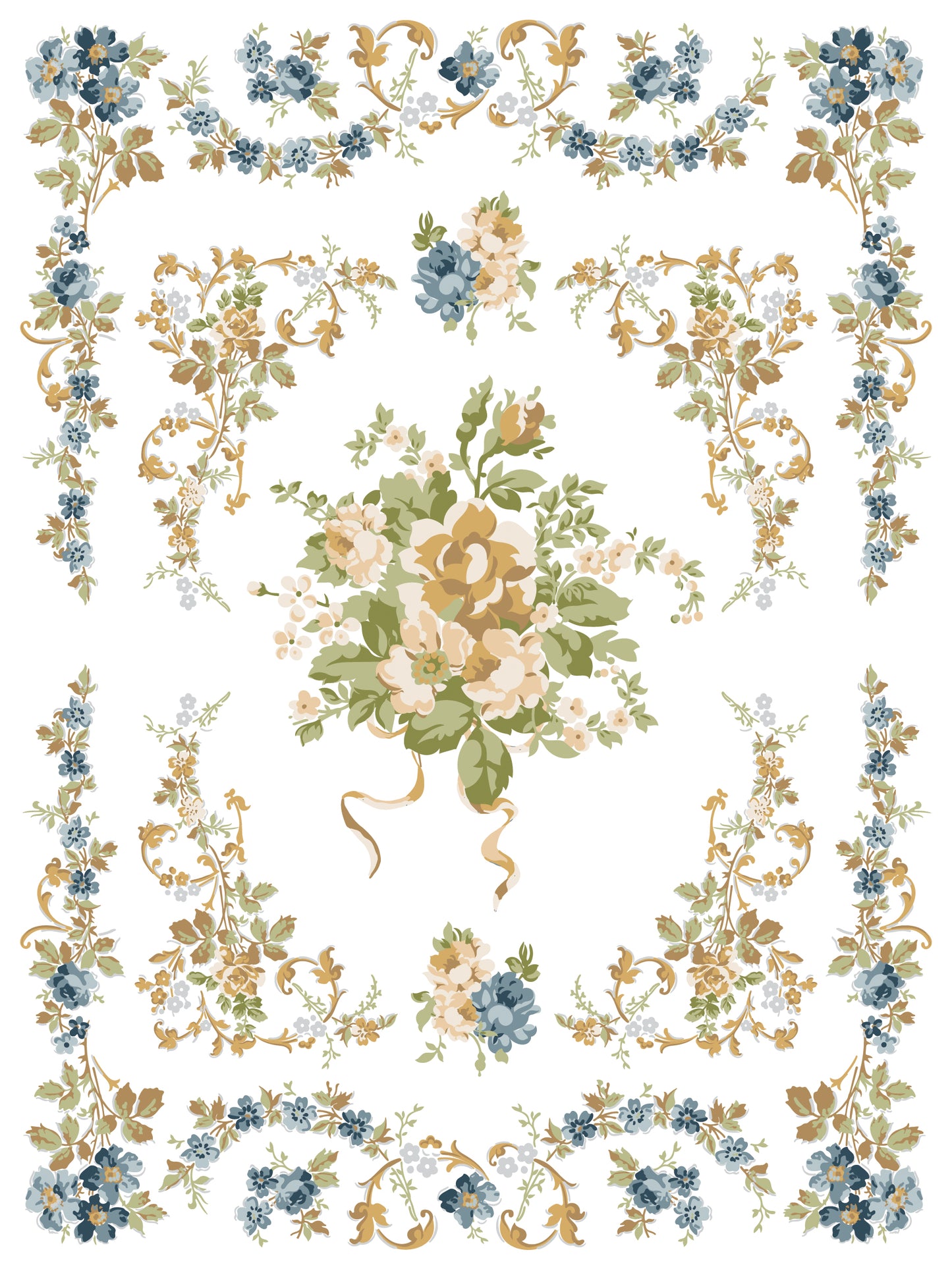 Decorative floral pattern with flowers and leaves on a white background