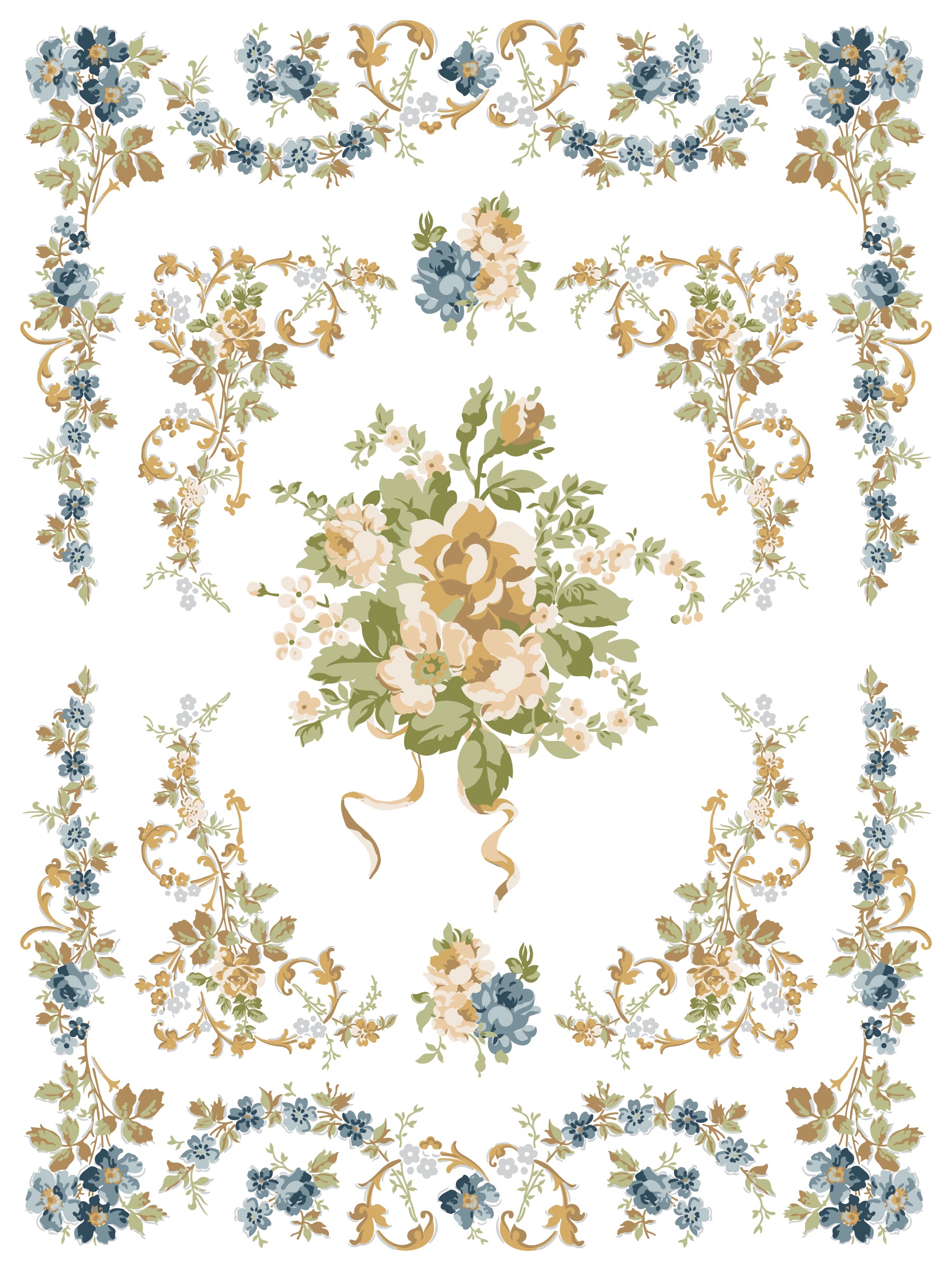 Decorative floral pattern with flowers and leaves on a white background