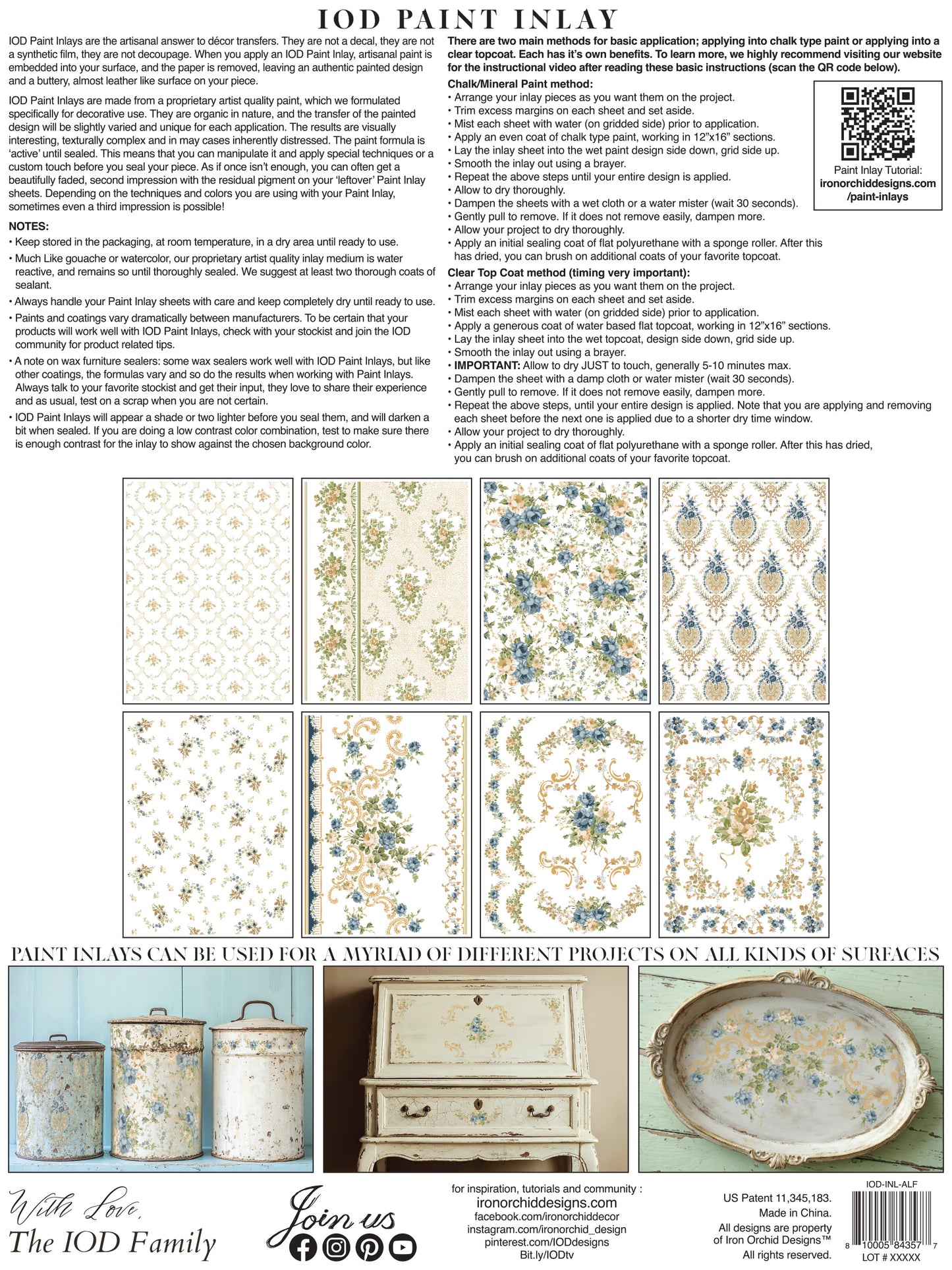 IOD Paint Inlay packaging with patterns and product images on a white background