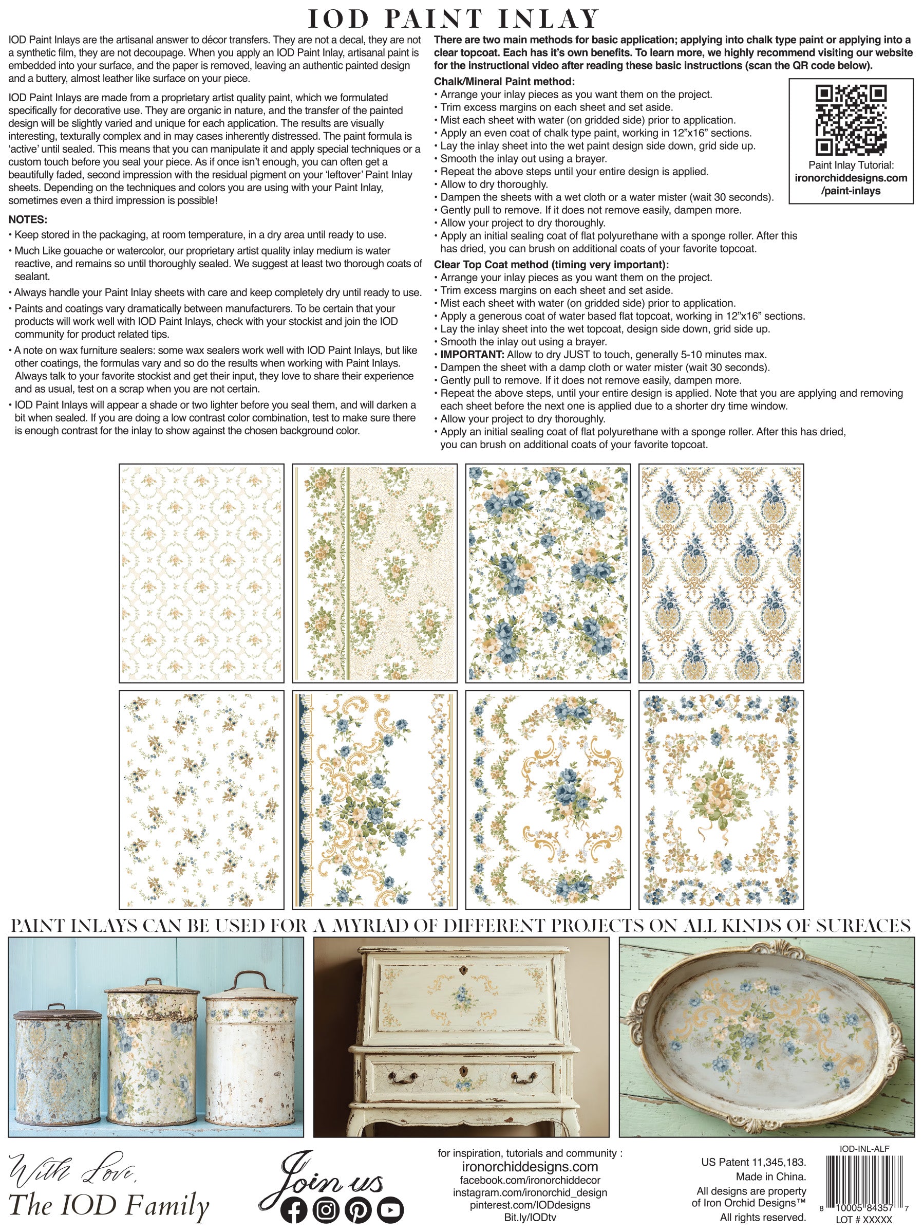 IOD Paint Inlay packaging with patterns and product images on a white background