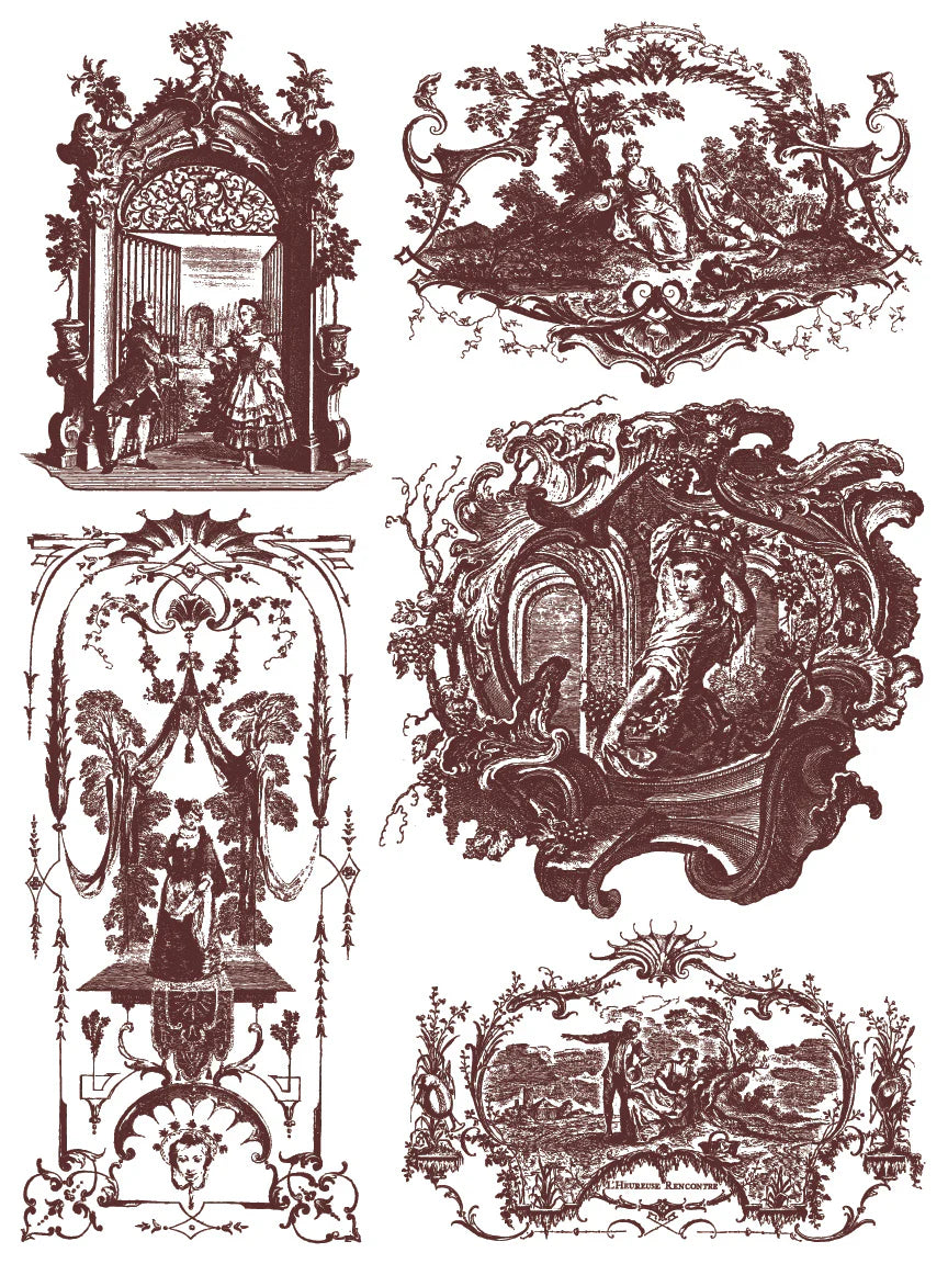 Set of decorative vignettes with classical scenes and architectural elements in brown ink.