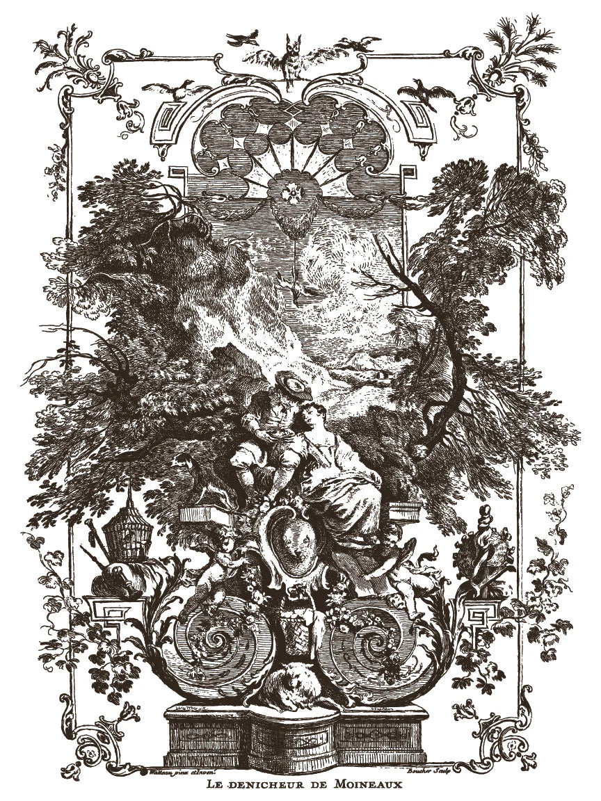 Decorative black and white illustration with classical elements and a central figure, framed by foliage.