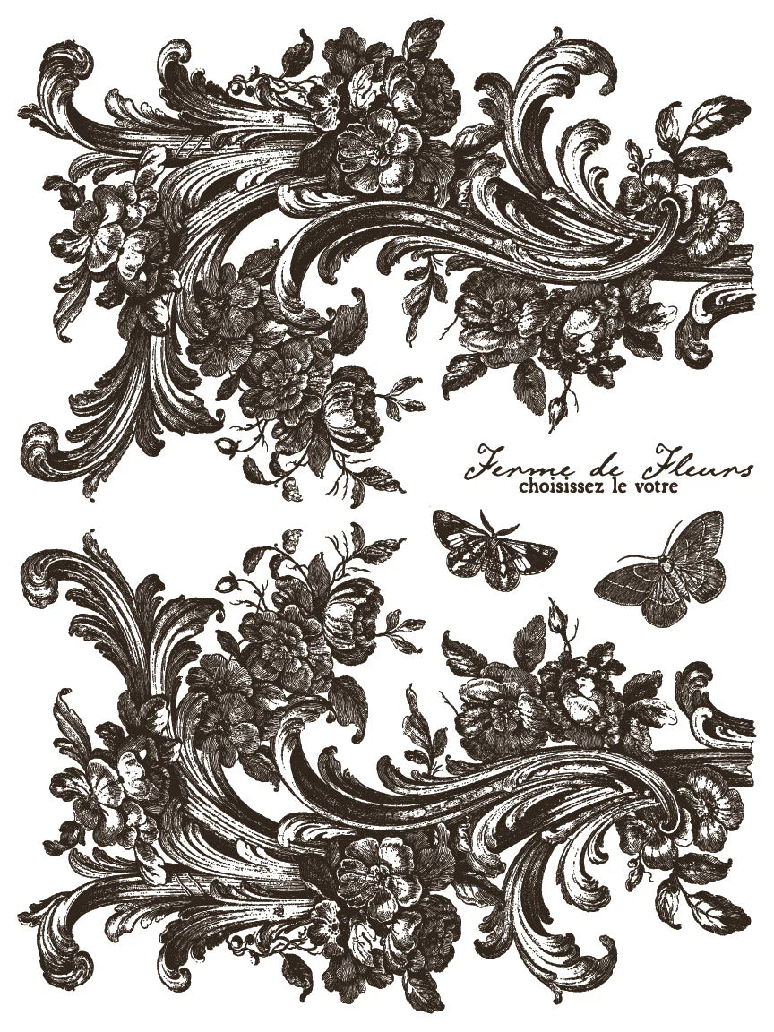 Decorative floral and leaf design with butterflies and text on a white background