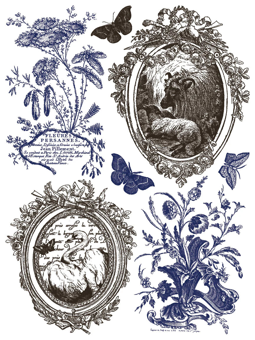 Decorative design with floral elements, butterflies, and framed portraits on a white background.