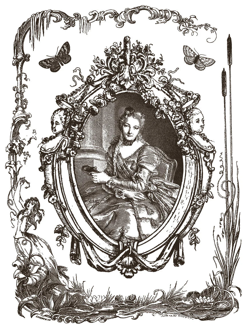 Decorative illustration of a woman in a ornate frame with butterflies and plants.