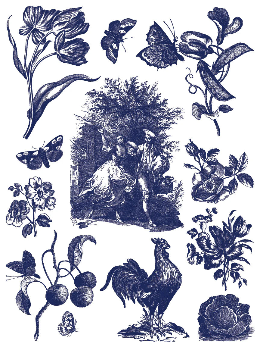 Vintage-style illustration with floral elements, a rooster, and a couple in a garden.