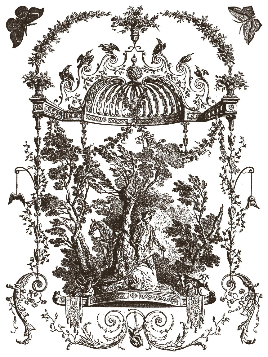 Decorative illustration with trees, architectural elements, and decorative frames on a white background