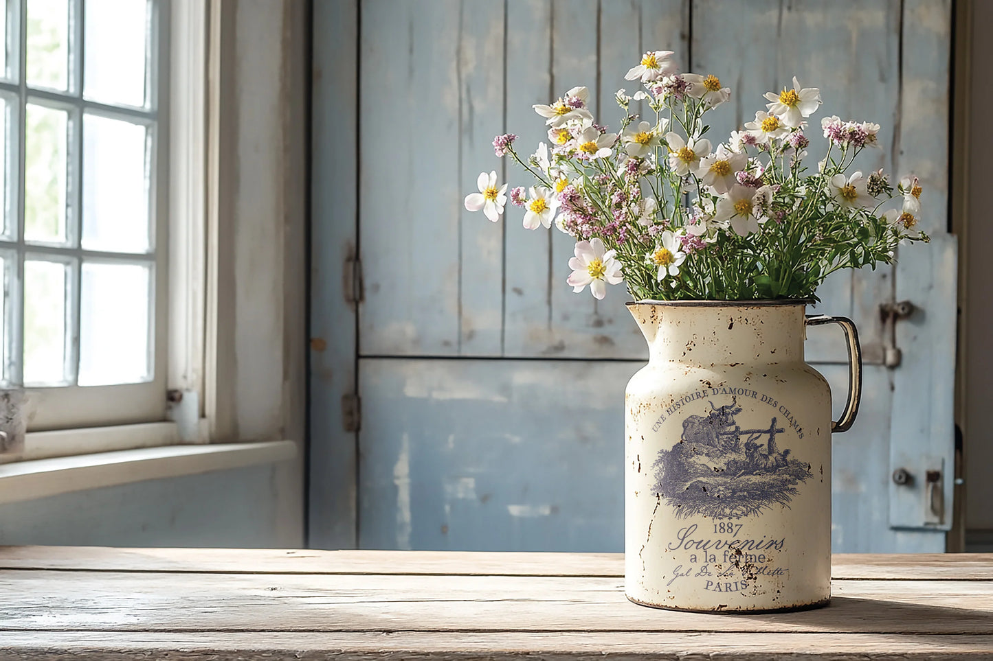 Vintage-style milk churn with flowers on a wooden surface near a window