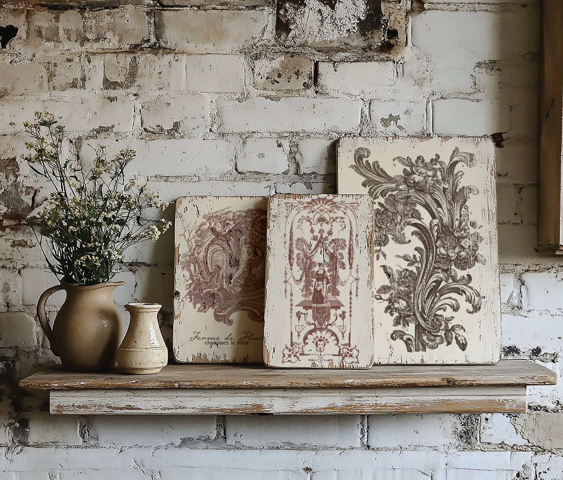 Decorative wooden signs with floral patterns on a rustic shelf against a brick wall.