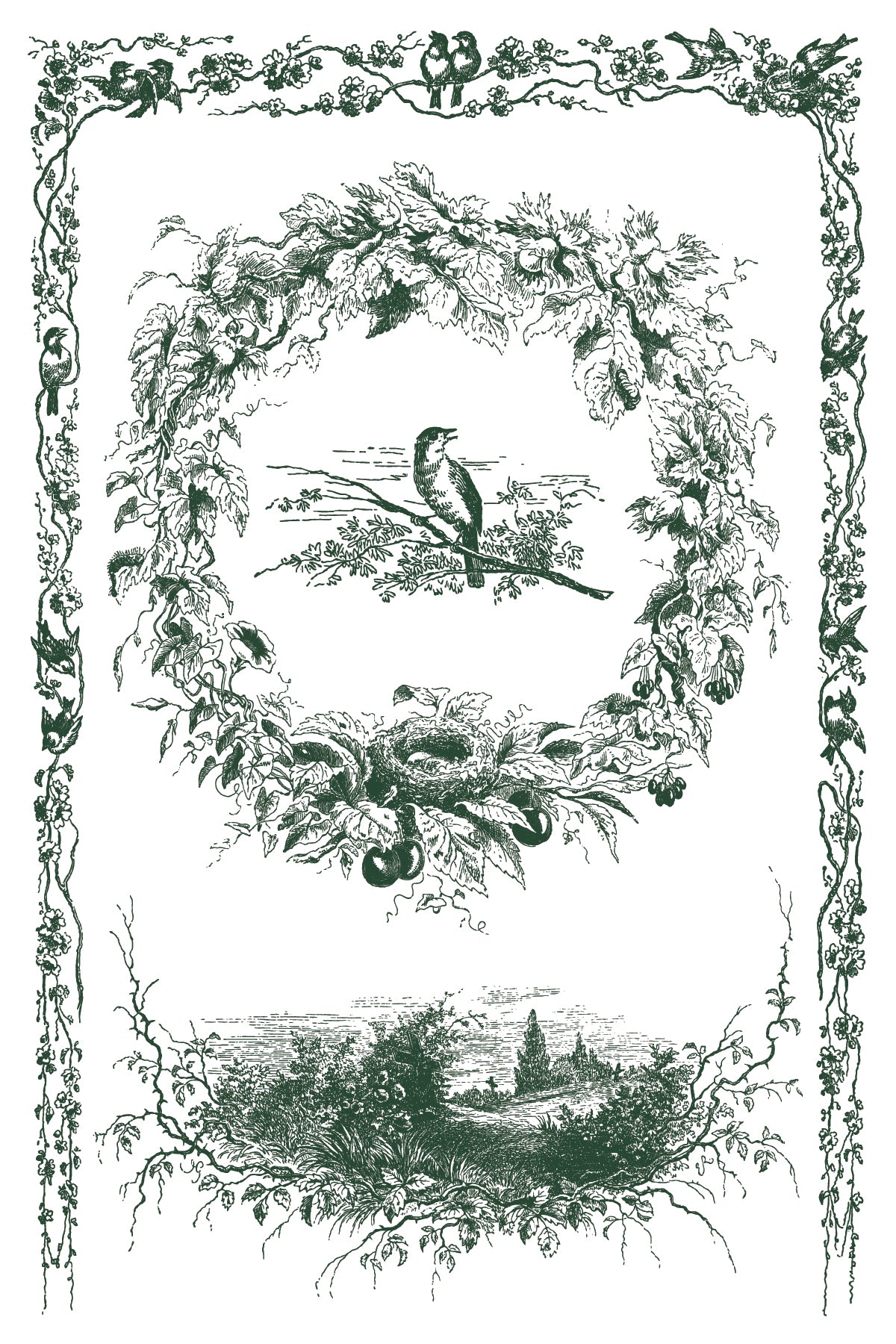Decorative border with birds, foliage, and a landscape in black and white.
