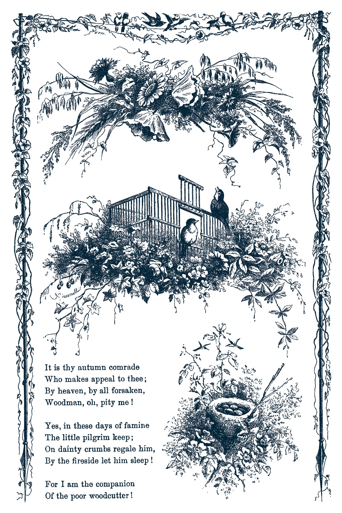 Decorative black and white illustration with text and nature elements