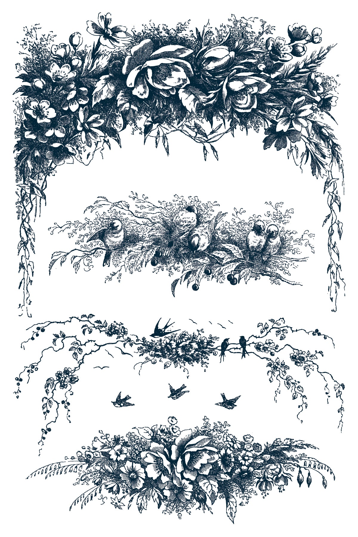 Decorative floral and bird illustrations in black and white.