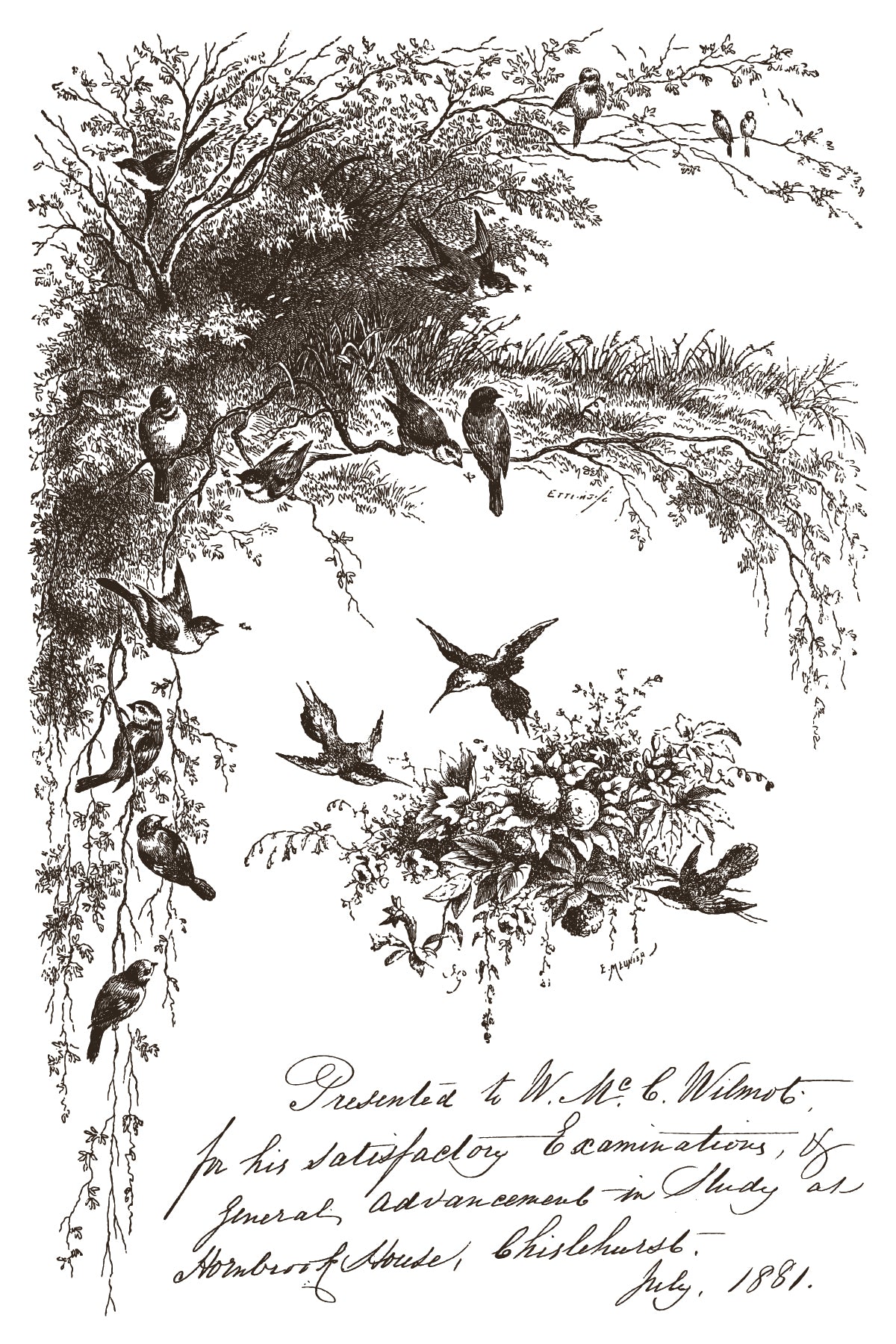 Decorative illustration of birds and a nest with text at the bottom
