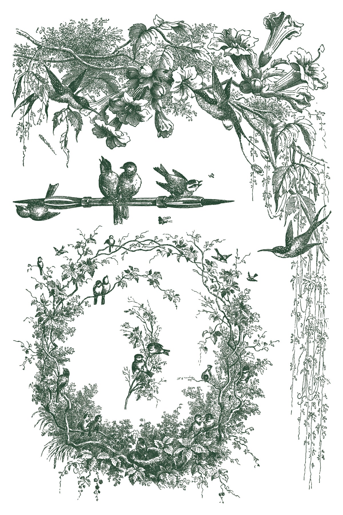 Decorative illustration of birds and foliage with a central wreath.