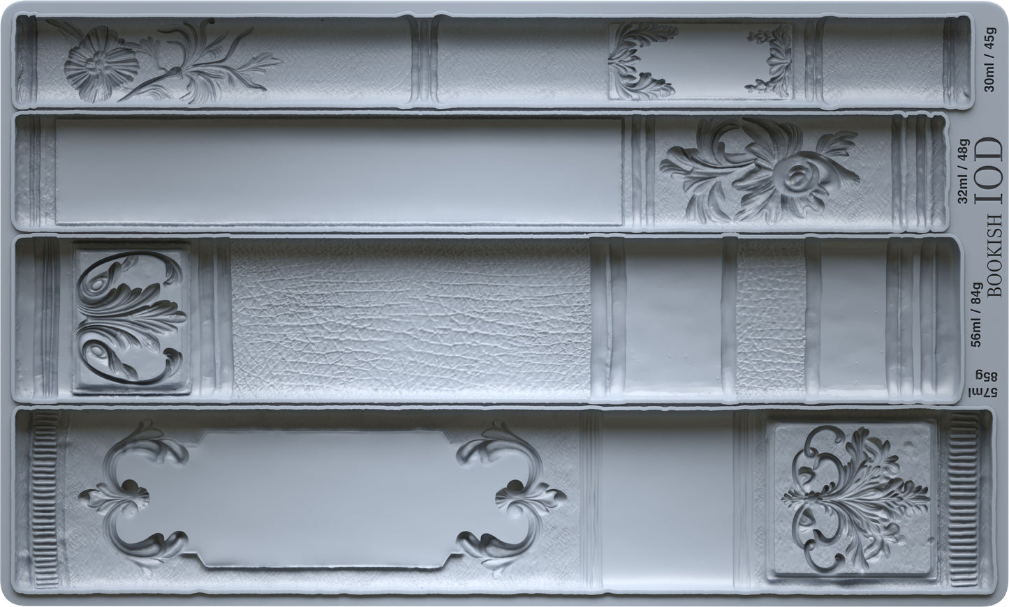 Decorative mold with bookshelf design patterns on a gray background