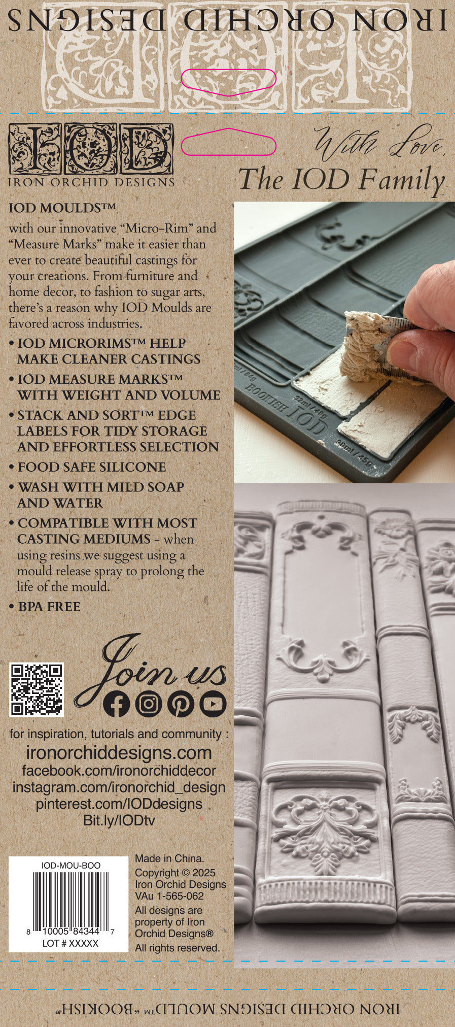 Iron Orchid Designs mold packaging with decorative elements and a QR code.