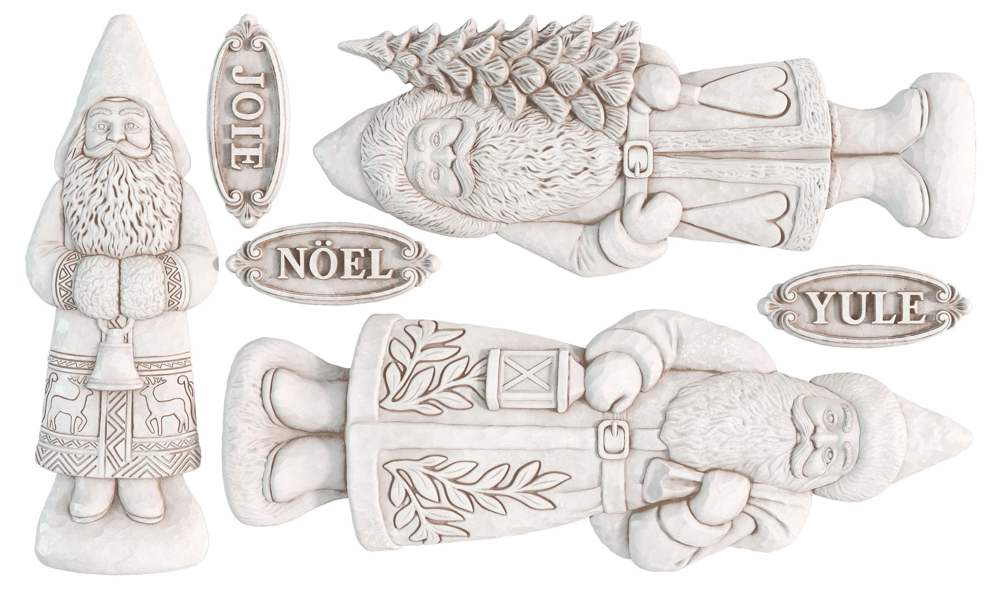 Four white holiday garden gnome figurines with engraved details, including one holding a Christmas tree and three with nameplates reading JOE, NOÉL, and YULE.