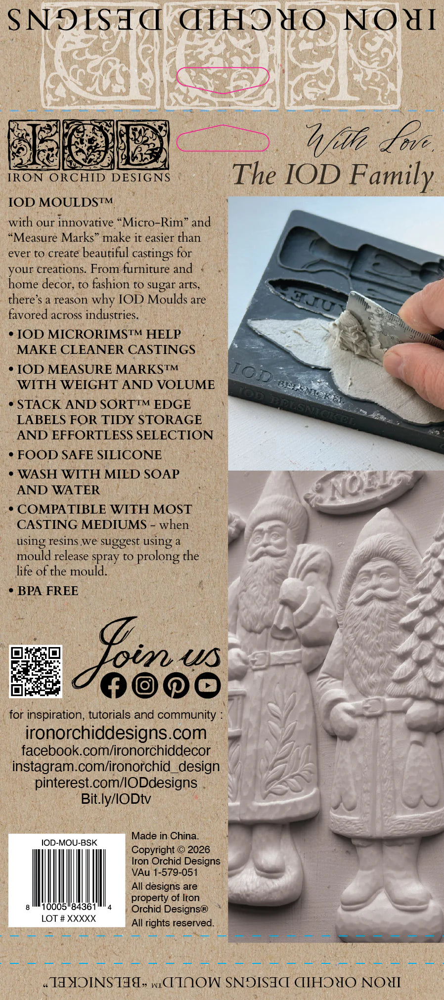 Back cover of the Iron Orchid Designs 'With Love, The Iod Family' Jod Moulds book, featuring product information, a barcode, and a photo of a hand holding a carved stone mold.