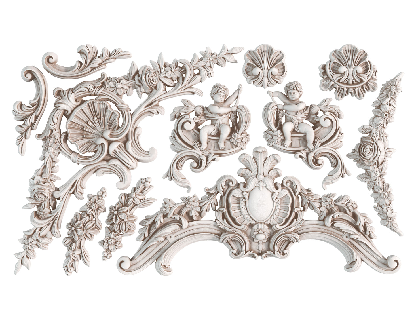 Decorative architectural elements with floral and putto designs on a white background