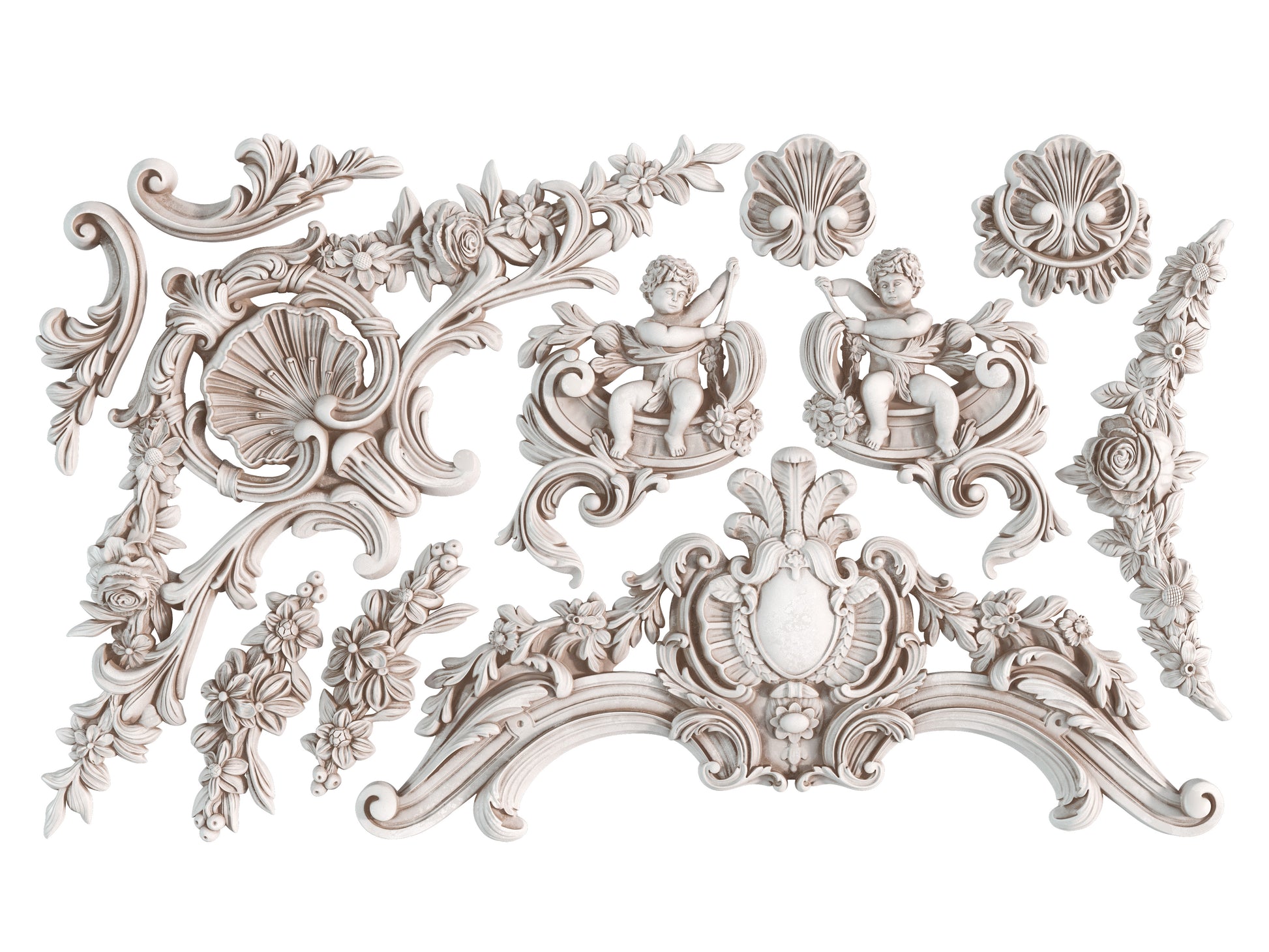 Decorative architectural elements with floral and putto designs on a white background