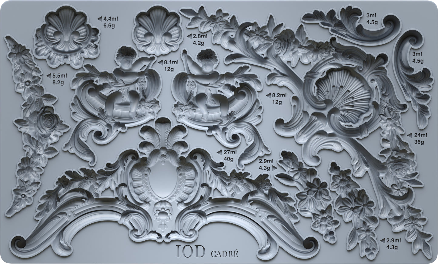 Decorative mold with intricate designs and measurements on a gray background