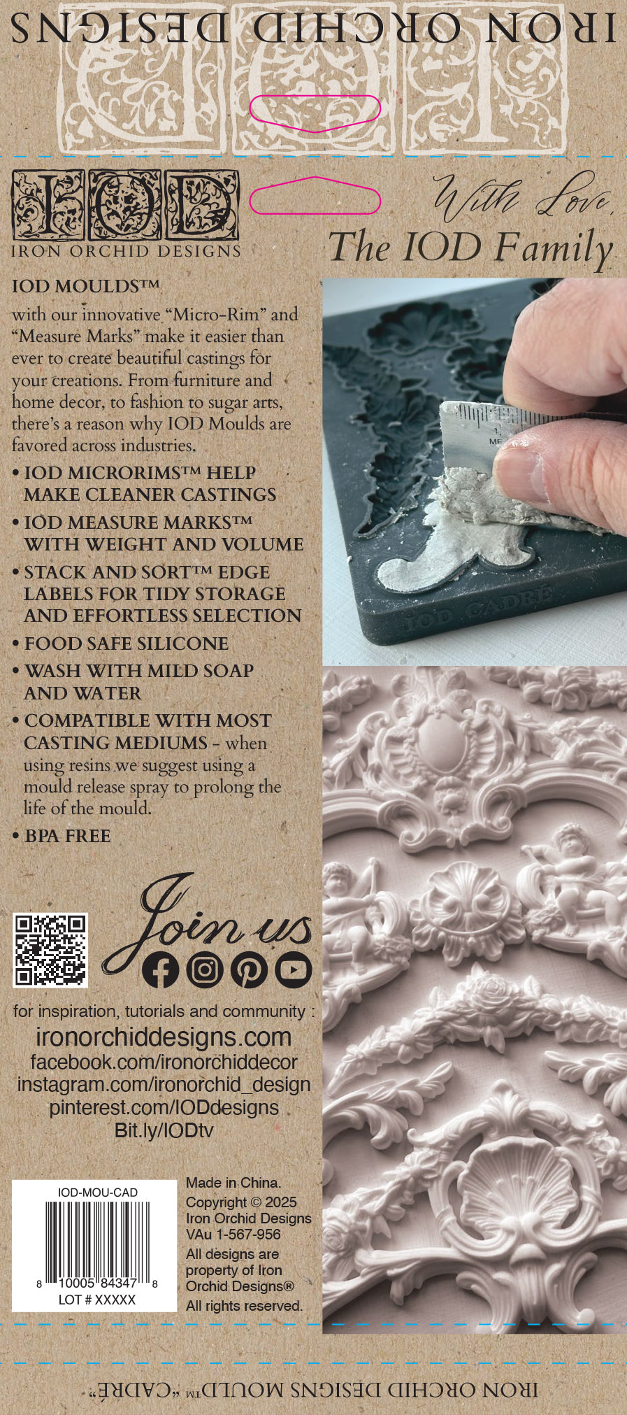 Iron Orchid Designs mold packaging with decorative elements and a hand holding a mold.