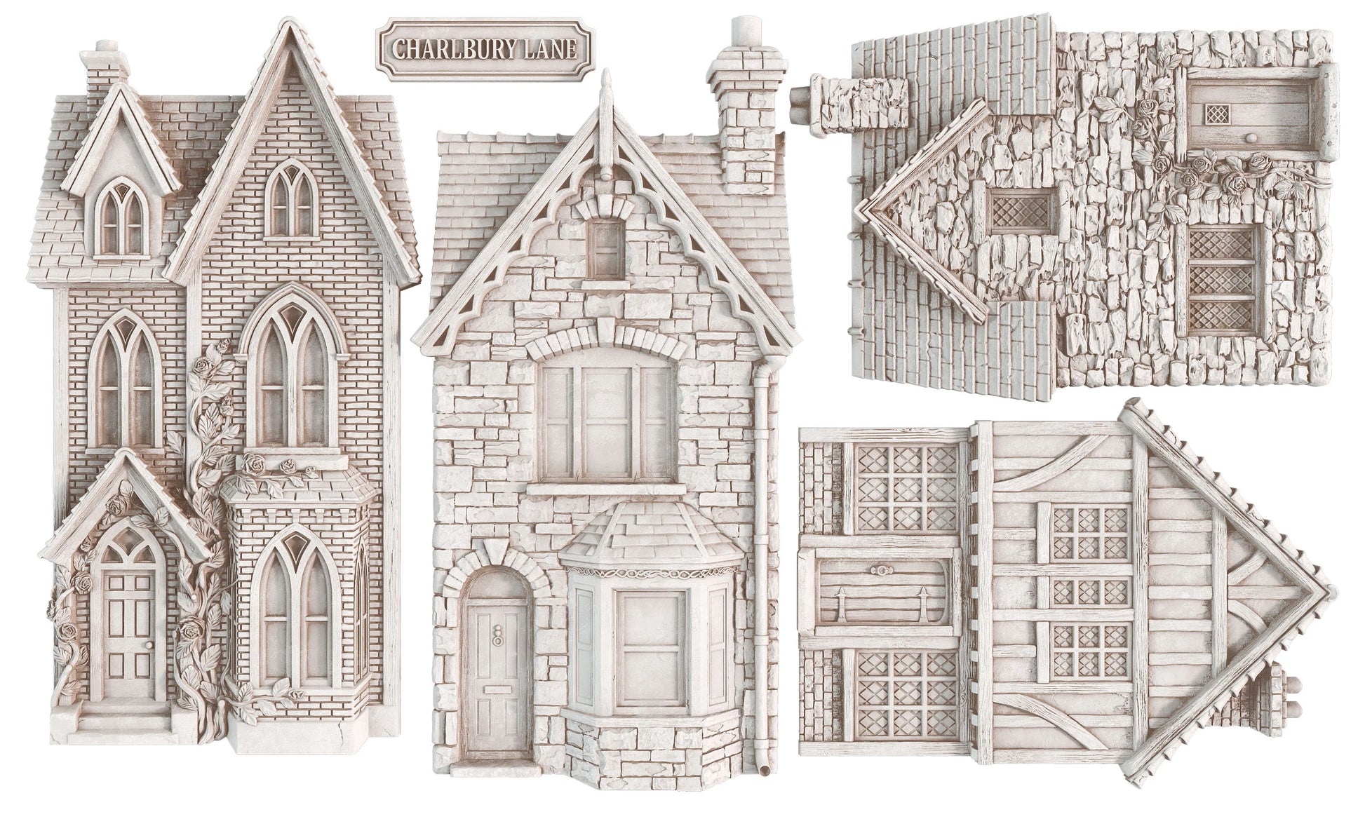 Four unpainted miniature plastic terrain pieces for tabletop wargaming, featuring a Victorian-style house, a cottage, and two timber-framed buildings in a light gray stone and wood finish.
