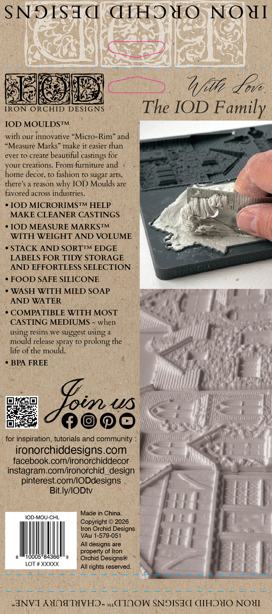Back packaging insert for the Iron Orchid Designs Iod Moulds, featuring product descriptions, website links, a barcode, and a small photo of a hand holding a cast model.