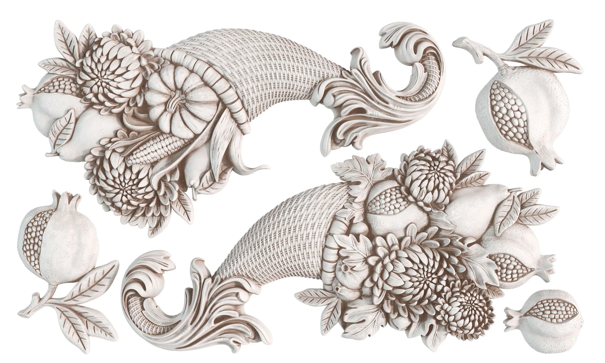 A set of decorative wall art pieces featuring classical cornucopiaes filled with floral arrangements and pomegranates, shown on a plain white background.