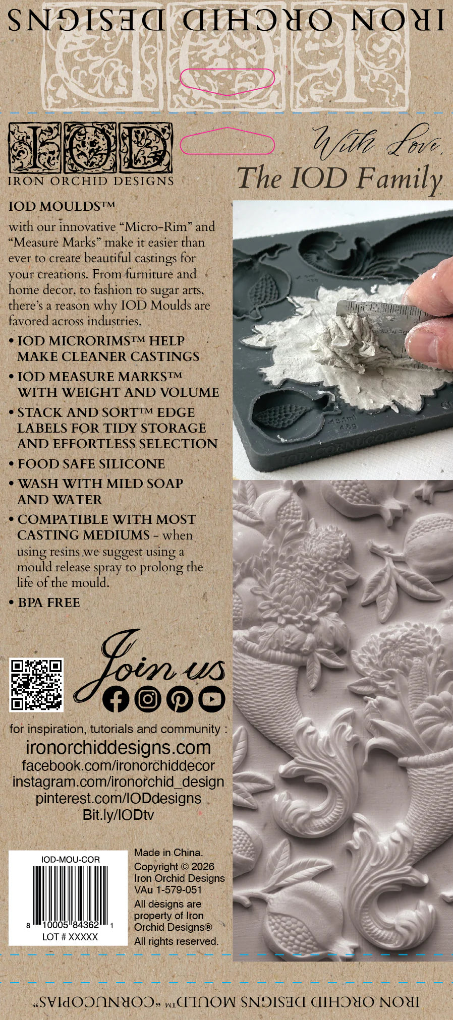 Back cover of an Iron Orchid Designs catalog or booklet featuring IOD Moulds information, including a black plastic mould photo, descriptive text, a QR code, and a large carved dragon sculpture.