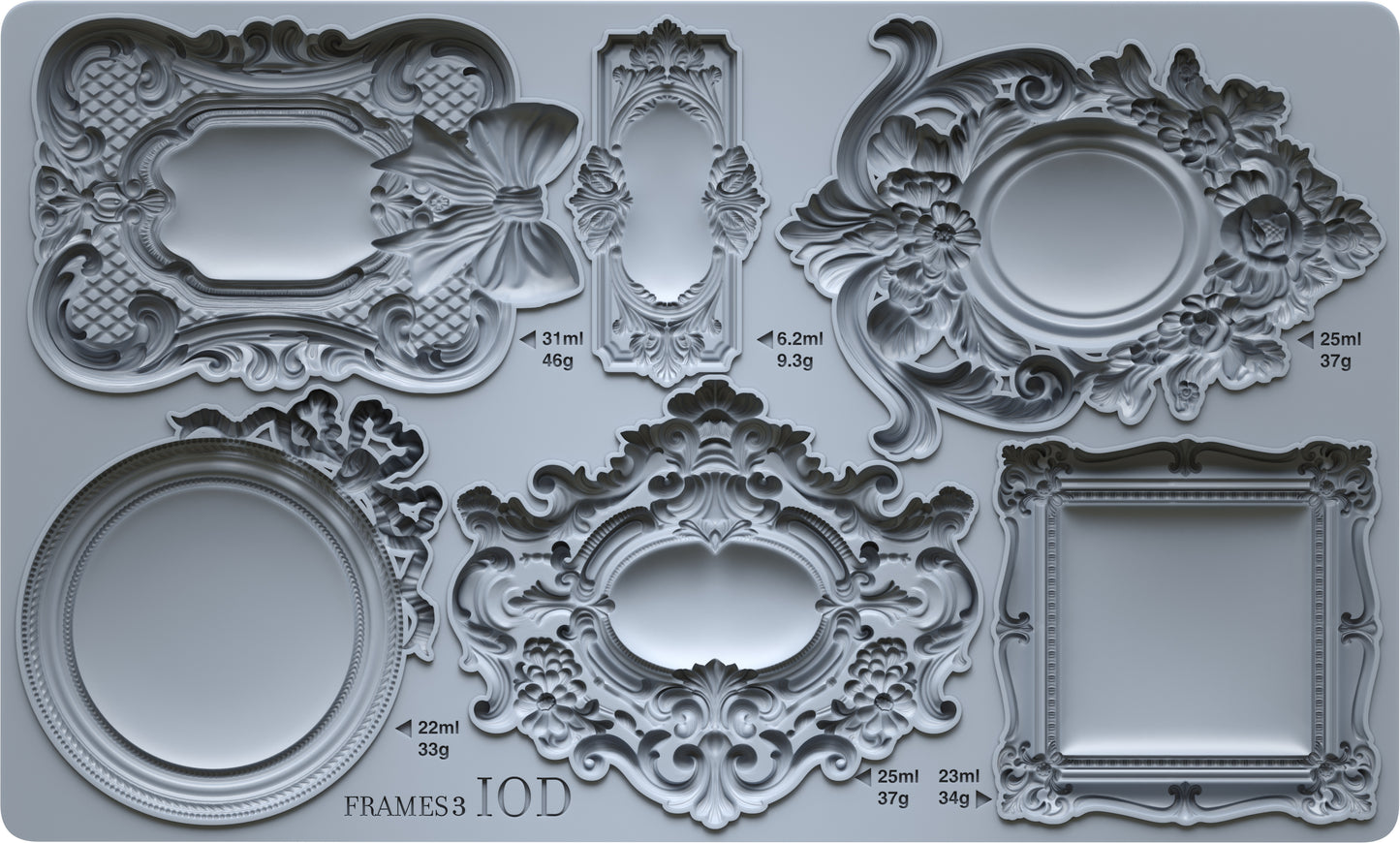 Decorative frame silicone mold with intricate designs on a gray background