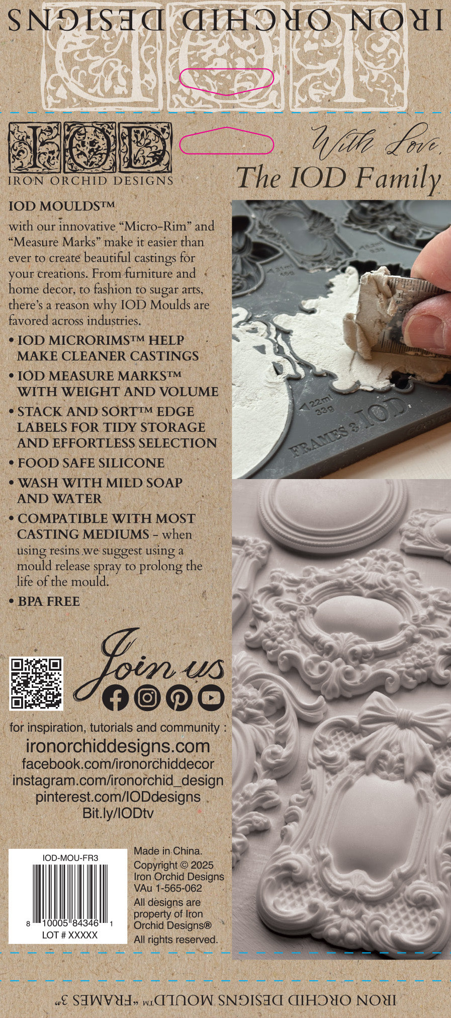 Iron Orchid Designs mold packaging with decorative elements and branding.