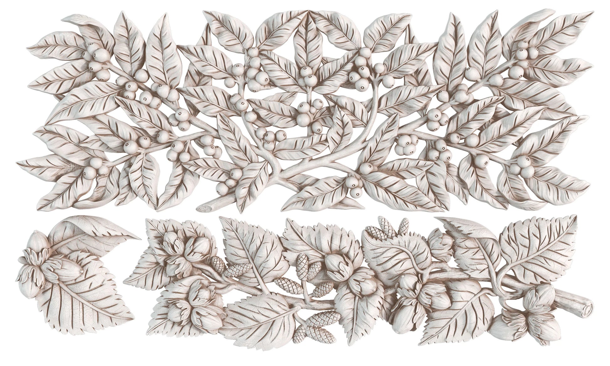 A set of white carved decorative wall panels featuring detailed botanical leaf and berry motifs, arranged on a plain white background.