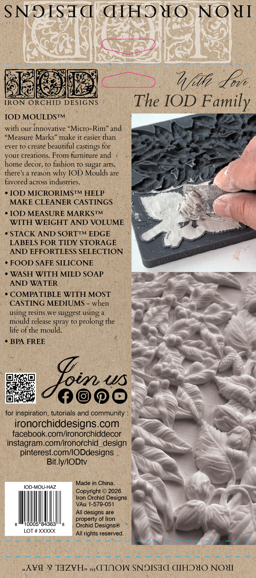 Back of a Jod Moulds cast plaster mold packaging, featuring product information, a barcode, and a close-up photo of a hand holding a gray cast plaster mold.