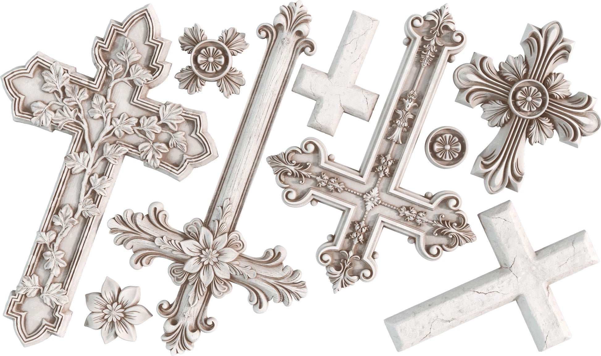 Decorative crosses with intricate designs on a white background