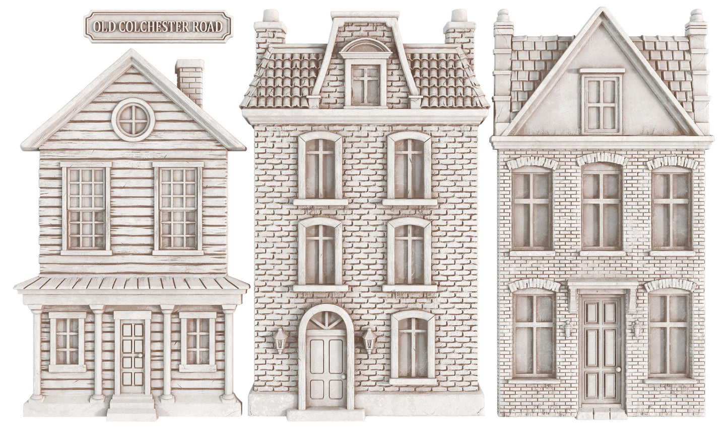 Three-dimensional miniature model houses in a vintage architectural style, shown on a plain white background. The houses feature detailed brick and wood textures, multiple windows, and pitched roofs.
