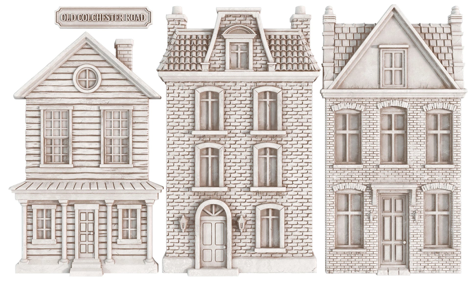 Three-dimensional miniature model houses in a vintage architectural style, shown on a plain white background. The houses feature detailed brick and wood textures, multiple windows, and pitched roofs.
