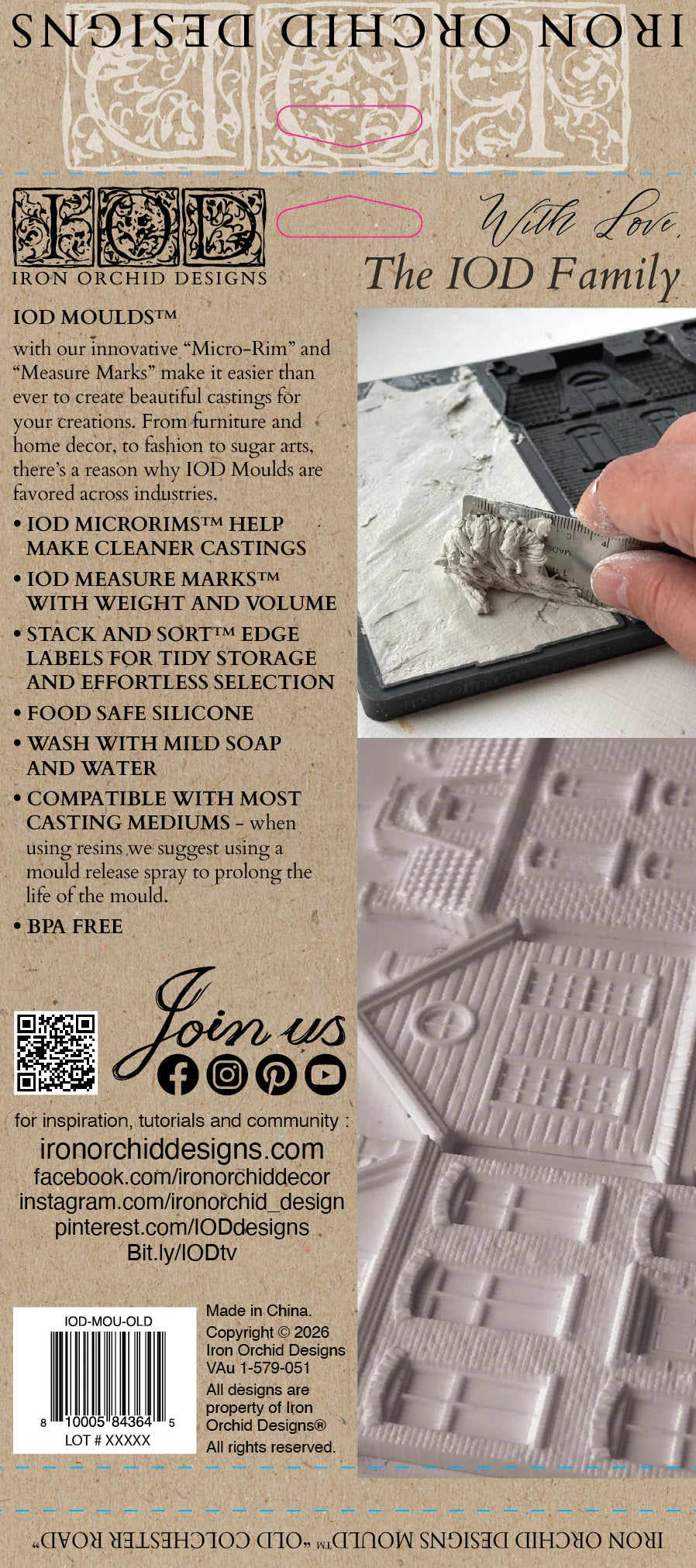 Back cover of a product catalog or packaging for 'Iron Orchid Designs' Jod Moulds egg lifting capsules, featuring product descriptions, website links, and a demonstration photo of a hand applying the capsules.