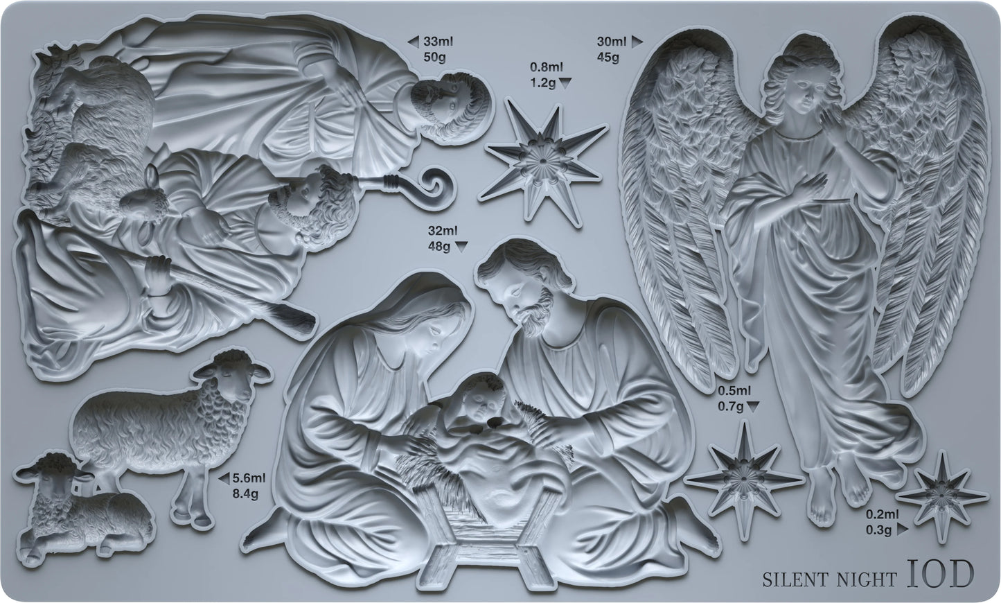 A silicone mold tray featuring multiple Christmas nativity and angel designs, including Mary, Joseph, baby Jesus, an angel, shepherds, and stars, with printed volume and weight measurements and the text 'SILENT NIGHT IOD' in the bottom right corner.