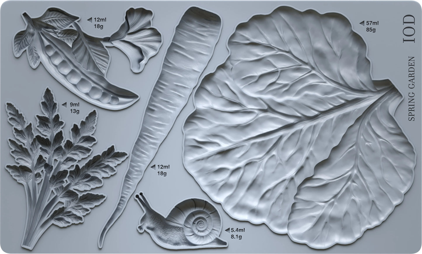 Mold with vegetable and leaf designs on a gray background