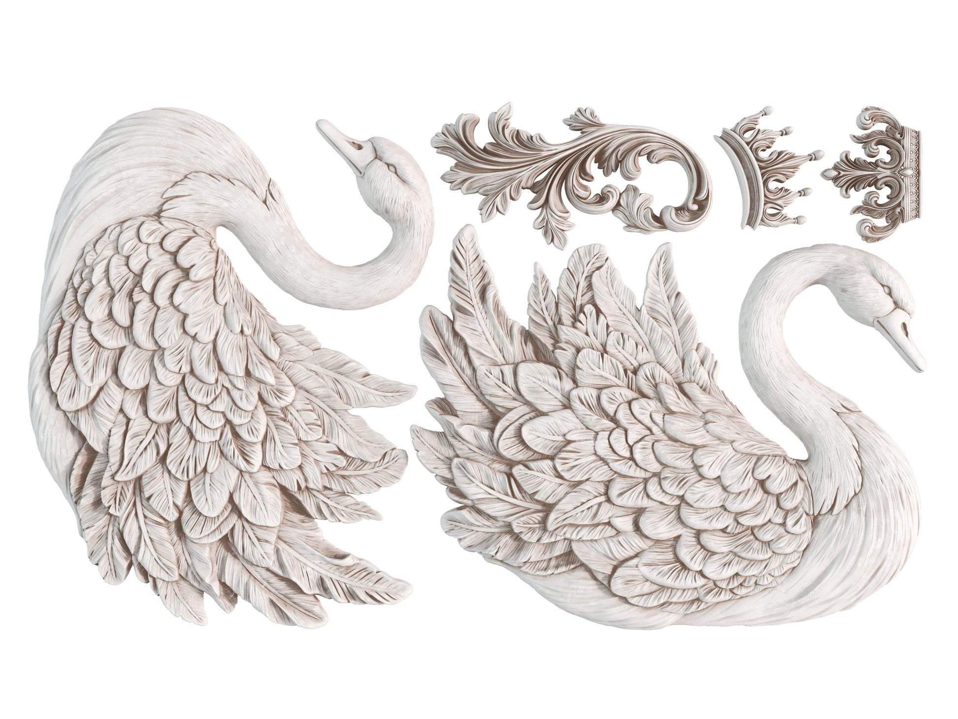 Decorative elements including swan figures and ornate patterns on a white background
