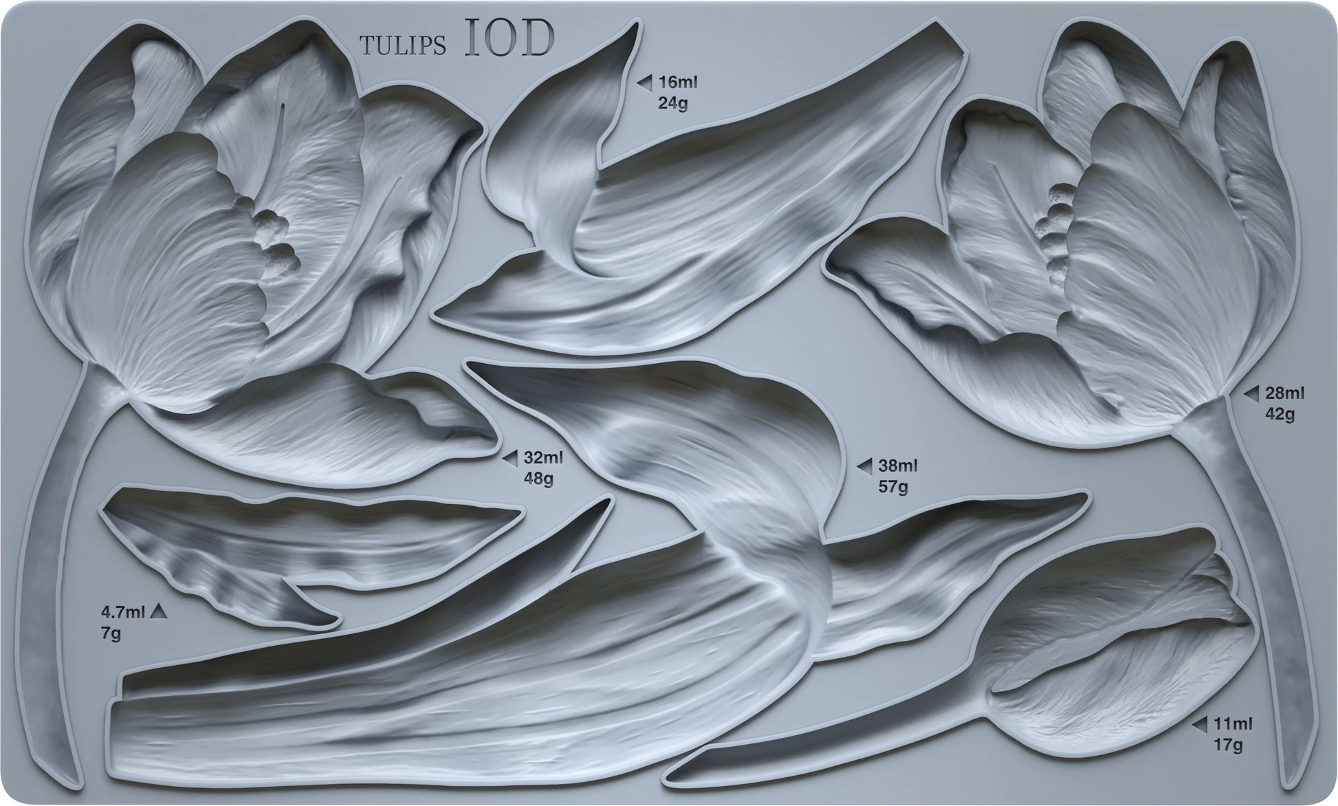 Mold with tulip designs and weight measurements on a gray background