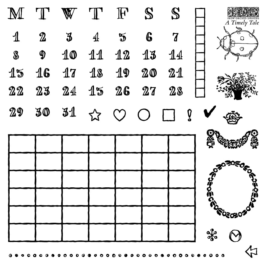 Black and white printable calendar grid sheet with days of the week headers, numbers 1 through 31, decorative icons, and a large blank 6-day grid on a white background.