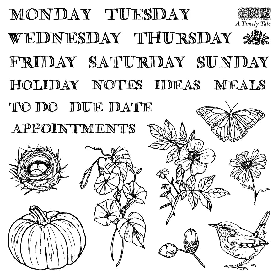 Black and white line art sheet featuring weekly calendar text from Monday through Sunday, plus illustrated motifs including a butterfly, flowers, a bird, a pumpkin, a nest, and acorns. A small logo reading A Tiny Tale appears in the top right.
