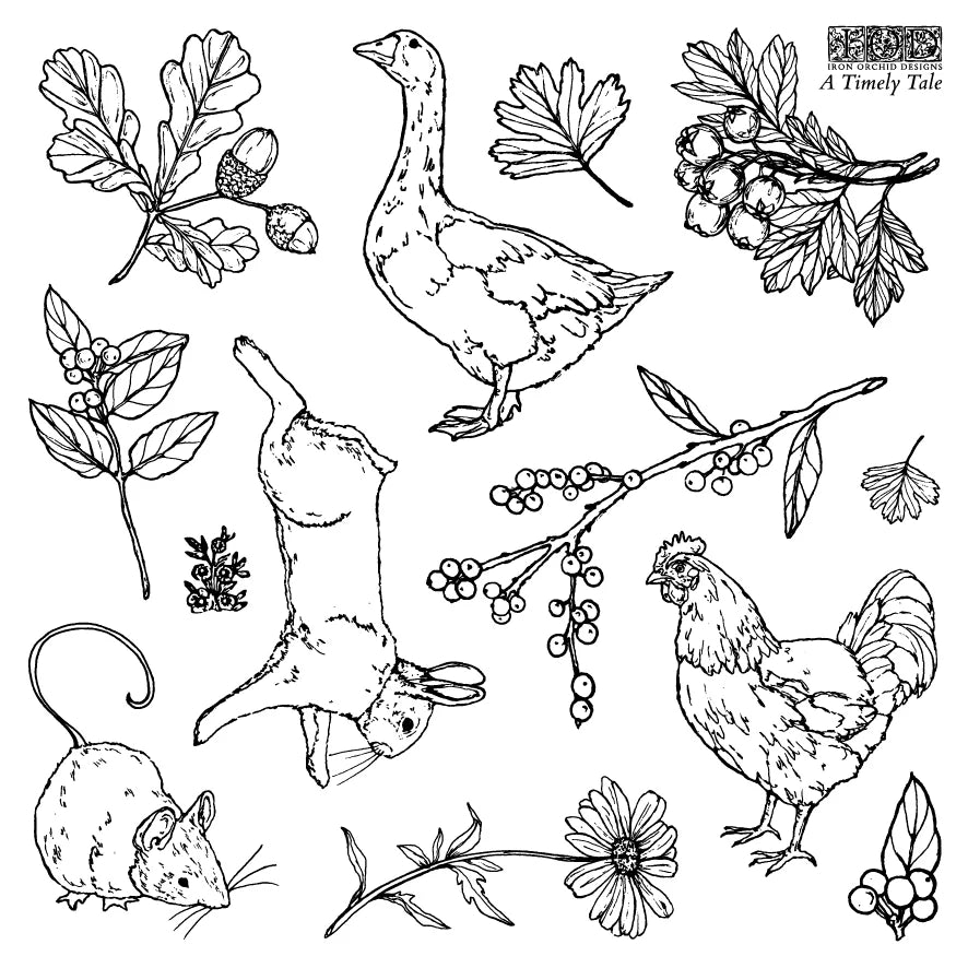 Black and white line art illustrations of woodland animals and plants, including a goose, rabbit, chicken, mouse, leaves, acorns, berries, and flowers, arranged on a white background with the text 'A Timely Tale' in the top right.