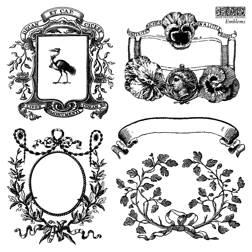 Collection of decorative black and white emblems and frames on a white background