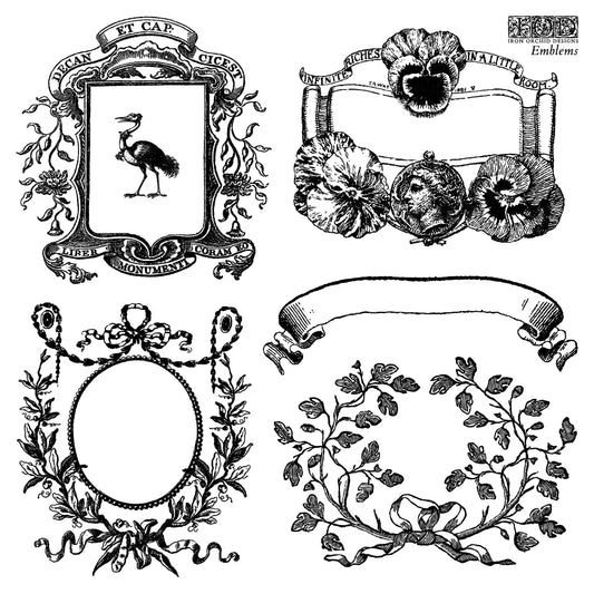 Collection of decorative black and white emblems and frames on a white background