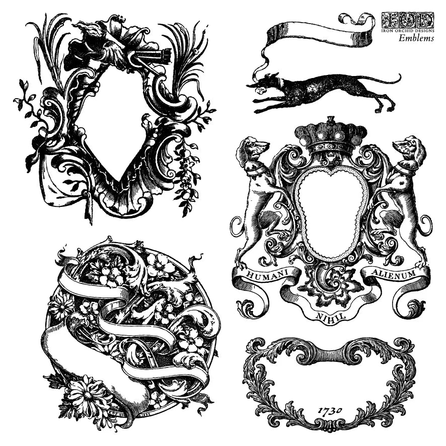 Collection of ornate black and white emblems and designs on a white background