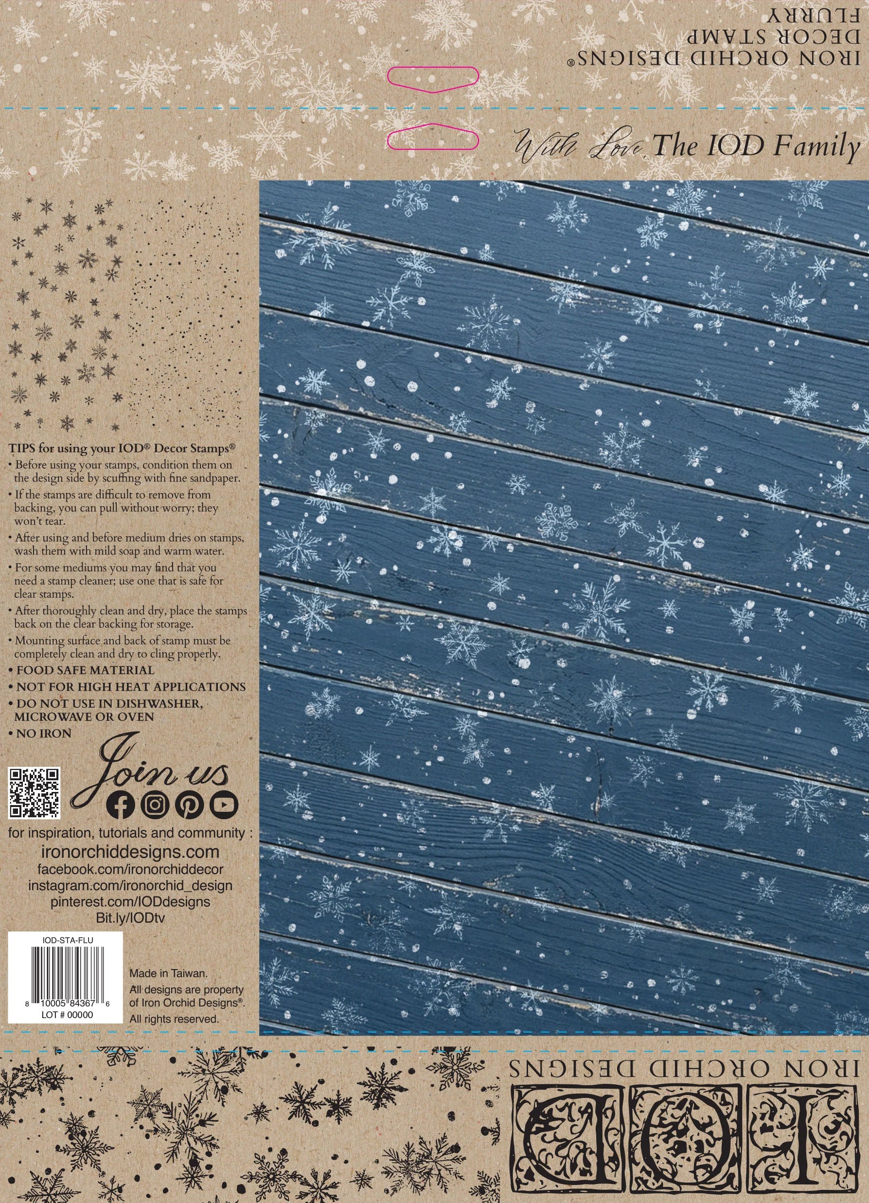 Back packaging of an Iron Orchid Designs 'With For The JOD Family' 12x12 stamp, featuring a blue wood-grain pattern with white snowflakes, alongside product details, a barcode, and contact information on a kraft paper background.